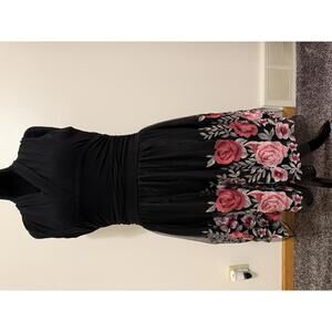 SLNY Black Sleeveless Midi Dress with Pink Floral Embroidery Size 12